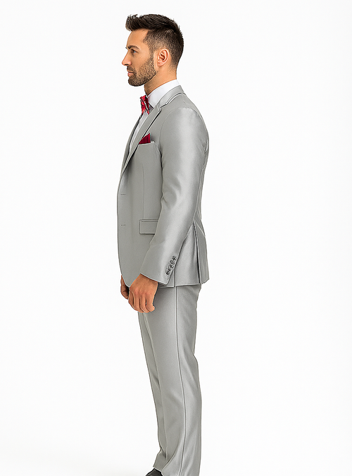 Slim Fit 3 Piece Satin Suit in Silver