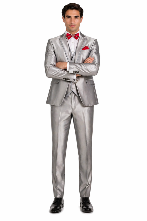 Slim Fit 3 Piece Satin Suit in Silver