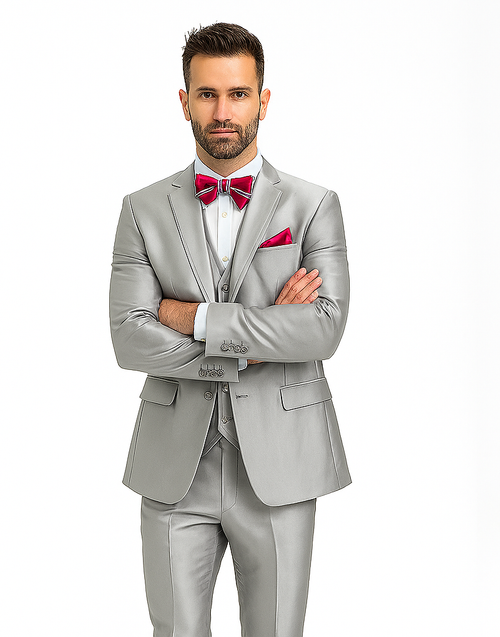 Slim Fit 3 Piece Satin Suit in Silver