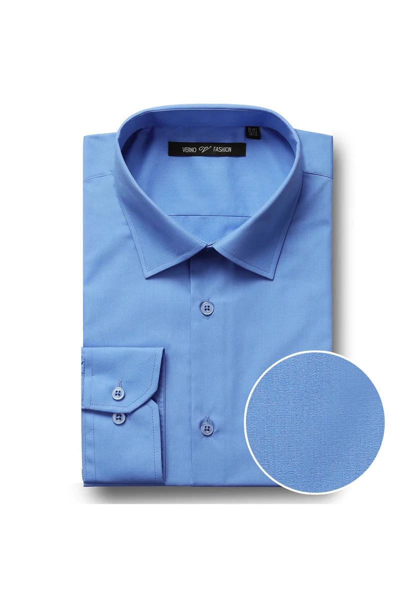Verno slim fit light blue dress shirt. Spread collar, long sleeves, button-up front. Smooth, solid fabric. Double-button cuff closure for a tailored look.