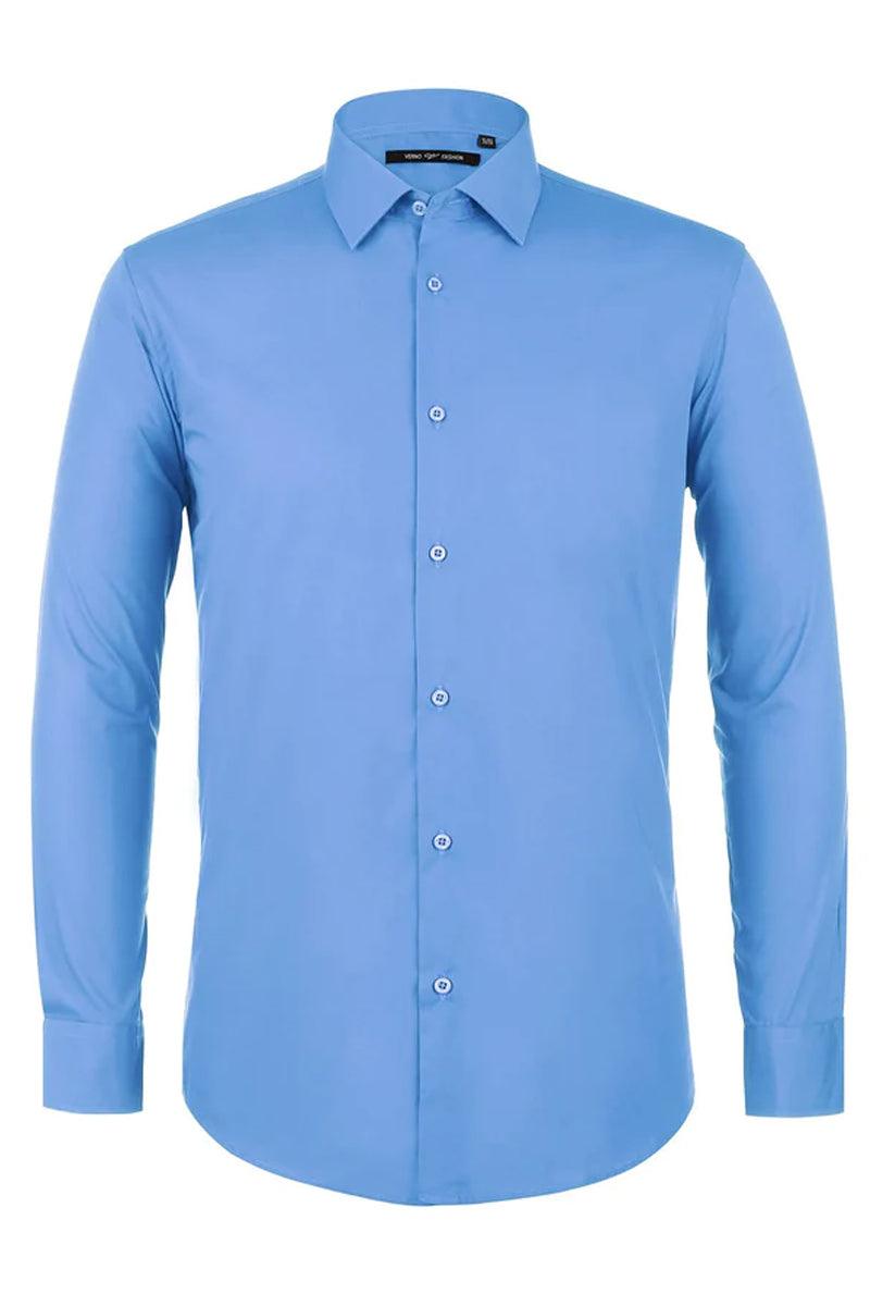 Verno slim fit light blue dress shirt. Spread collar, long sleeves, front button closure with matching buttons. Smooth, uniform fabric.