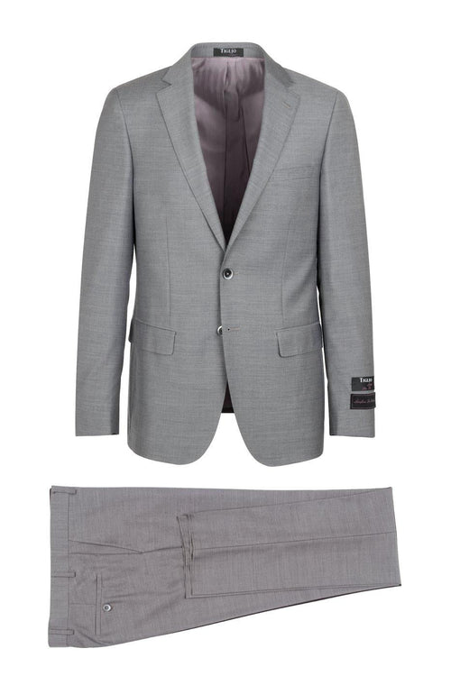 Light gray Tiglio Italian suit: two-piece, tailored jacket and flat-front trousers. Jacket: notched lapels, single-button, lined interior. Trousers: side pockets, slim cut. Classic Italian style.