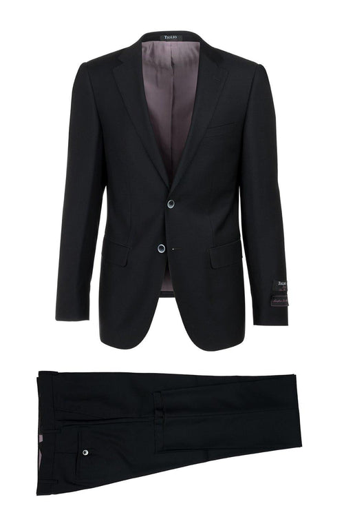 Black Tiglio Italian suit: Tailored jacket with peak lapels, two-button closure, and single breast pocket. Features light purple lining. Flat-front trousers with side pockets. Sleek silhouette.