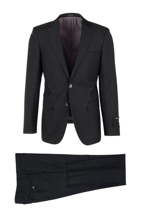 Dark gray Tiglio Italian suit: structured jacket with notched lapels, two buttons, and pockets. Interior lining in contrasting gray. Straight-leg trousers with a flat front, both crafted from textured fabric.