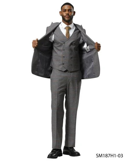 Stacy Adams Men's 3 Piece Hybrid Fit Suit - Glen Plaid Pattern