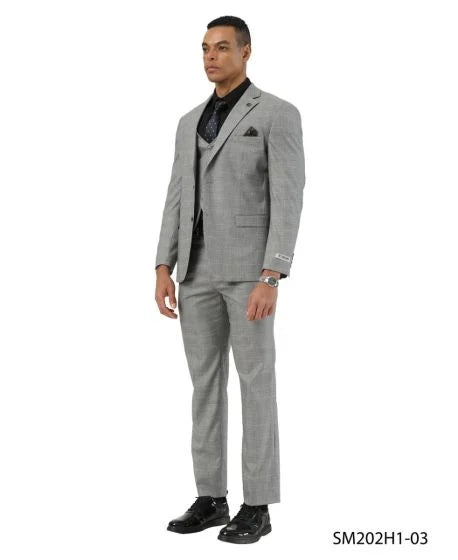 Stacy Adams Men's 3 Piece Hybrid Fit Suit - Subtle Windowpane Plaid