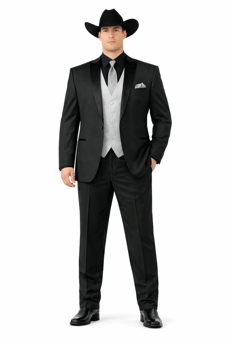 Men’s Black Country Wedding Tuxedo with Silver Vest, Western Formal Groom Suit