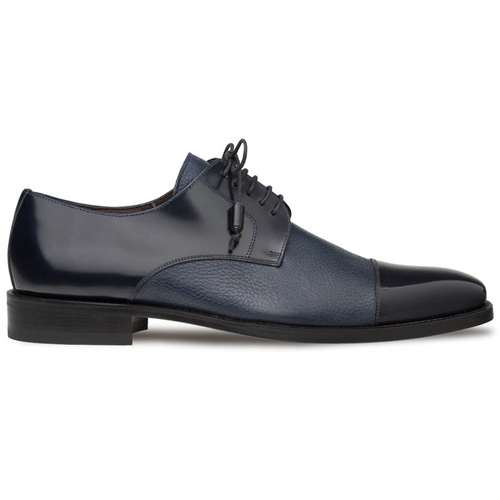 Mezlan Soka cap-toe shoes in dark blue. Calfskin & deerskin upper, smooth & grained textures, round toe with polished cap. Lace-up closure with rounded laces, black sole.
