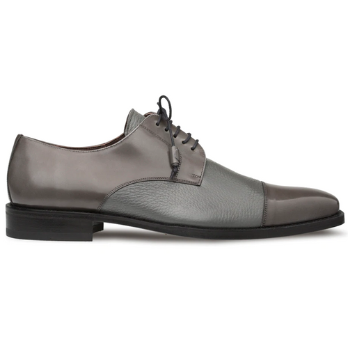 Gray Mezlan Soka cap-toe shoes: calfskin & deerskin. Smooth & textured leather mix. Lace-up, rounded toe. Black outsole, slightly raised heel.
