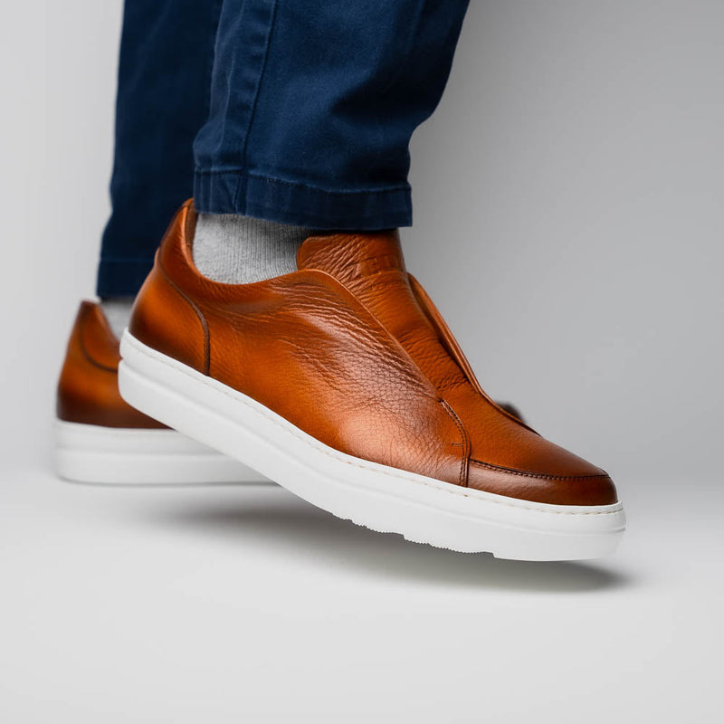 Zelli Spettacolare Pebble Grain Slip-On Sneaker in Cognac
