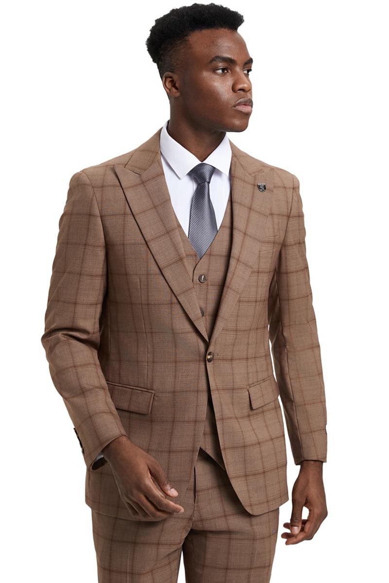 Light brown Stacy Adams men's suit. Features a one-button jacket and matching vest in a windowpane plaid. Close-fitting, tailored design with structured seams and smooth fabric.