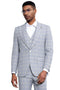 Men's Stacy Adams vested peak lapel suit in baby blue with a plaid pattern features a tailored jacket and matching trousers. The jacket has a single-breasted design and two front pockets.