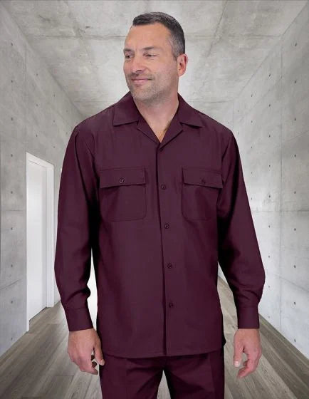 Two-piece walking suit made from 100% wool. The suit features a pleated design, with wide-leg pants and a matching button-up shirt. Both pieces are a solid burgundy color, and the shirt has two front pockets.