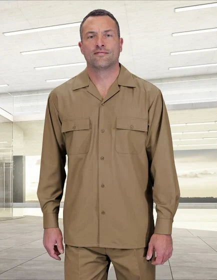 Two-piece suit composed of a collared shirt and pleated wide-leg pants. Both are made from 100% wool and are in a solid tan color. The shirt features two front pockets and a button-down front. The pants are wide-leg, providing a loose fit.