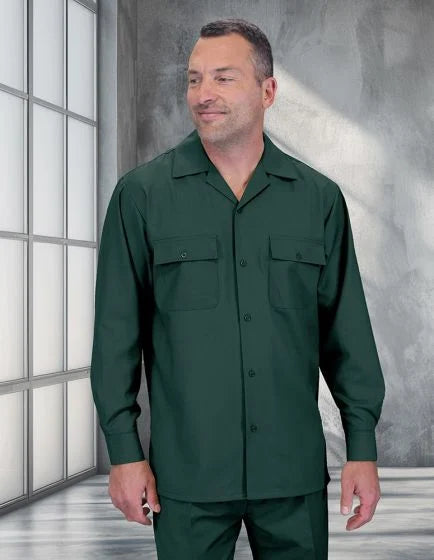 Dark green, long-sleeved button-up shirt featuring a classic collar and two front pockets. The shirt has a straight cut and is made from a smooth fabric.