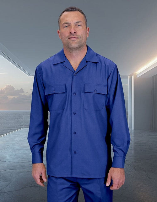 Men's blue 2-piece suit. 100% wool. Button-up shirt with camp collar, two chest pockets. Pleated wide-leg pants. Solid blue color.