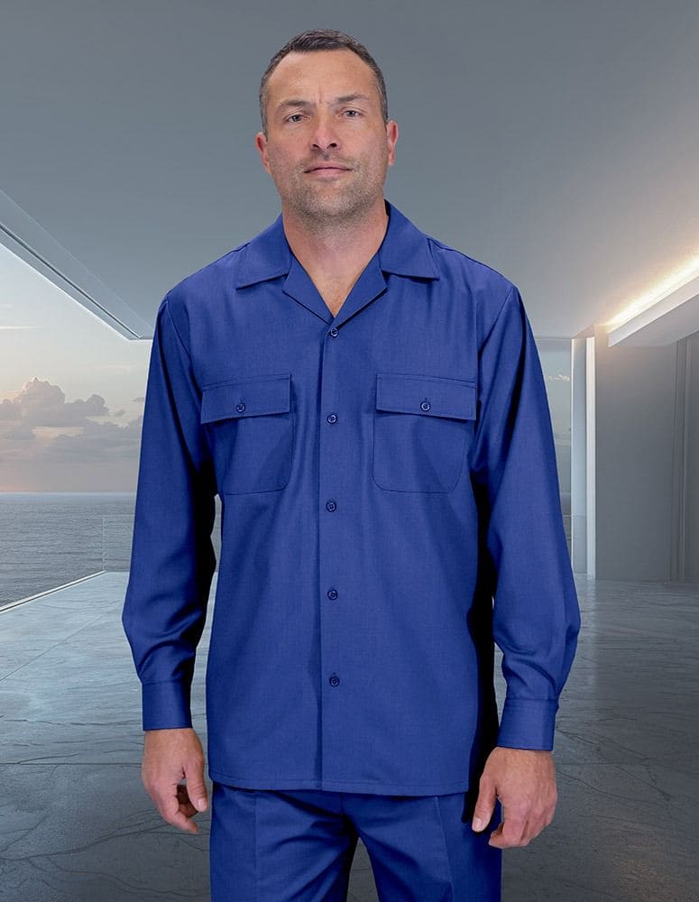 Men's blue 2-piece suit. 100% wool. Button-up shirt with camp collar, two chest pockets. Pleated wide-leg pants. Solid blue color.