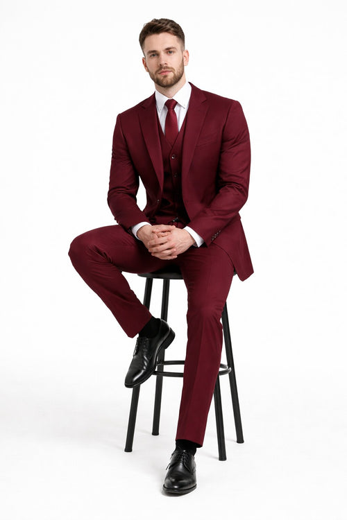 Mens Stacy Adams Suits - Designer Suit - 3 Piece Suit - Vested Suit - Flat Front Pant- Modern Fit Suits Burgundy Suit