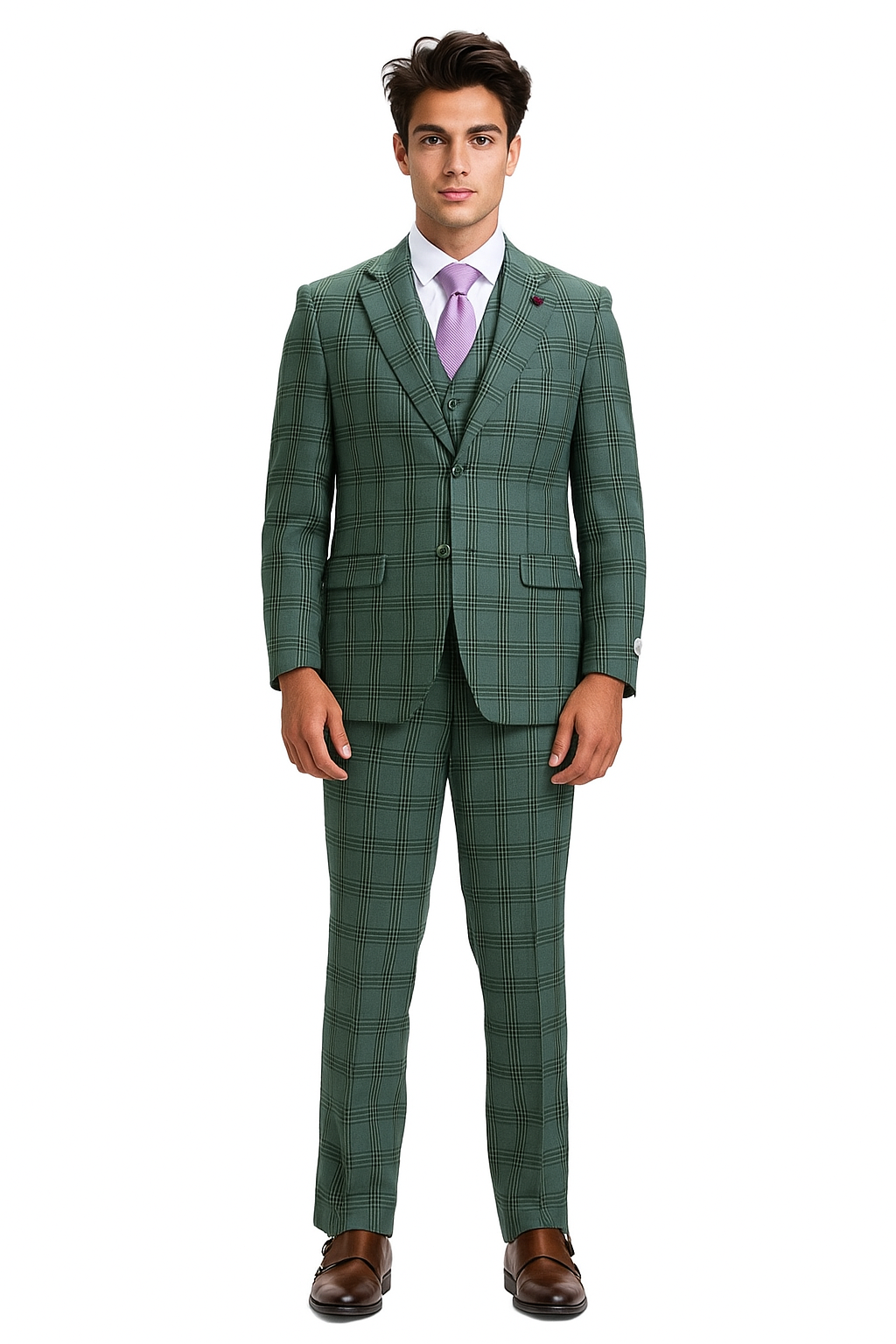 Stacy Adams - Hybrid Fit Plaid 3 Piece Green Suit