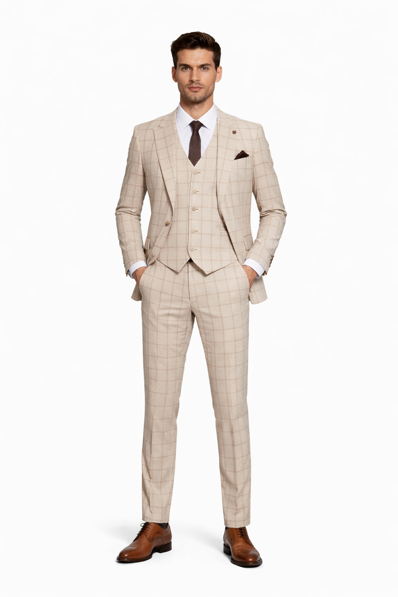 Stacy Adams Men's 3 Piece Hybrid Fit Suit - Twin Lined Windowpane