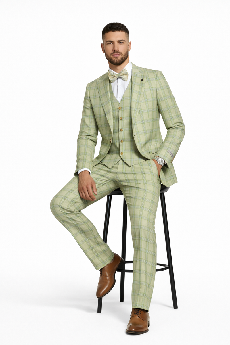 Mens Stacy Adams Suit - Stacy Adams Men's Plaid Suit with Paisley Vest & Bow Tie - Sage Green