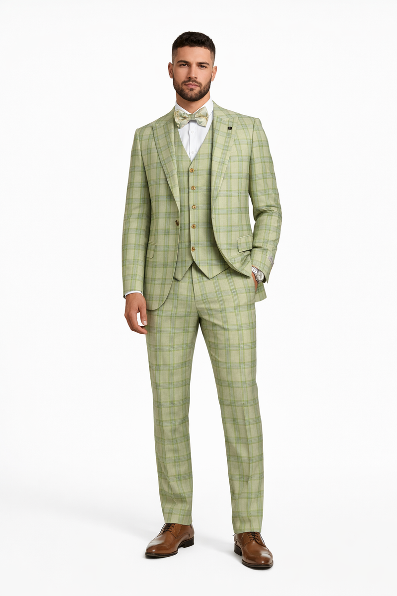 Mens Stacy Adams Suit - Stacy Adams Men's Plaid Suit with Paisley Vest & Bow Tie - Sage Green