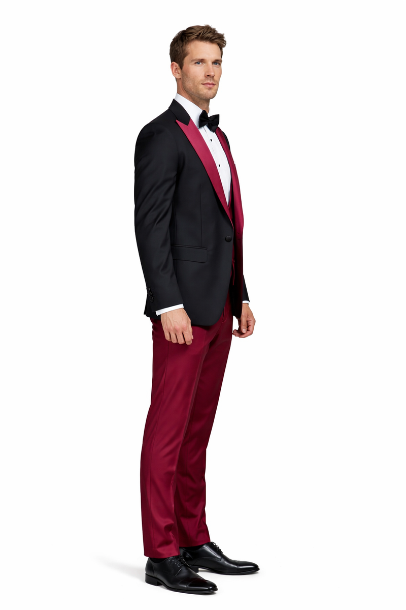 Statement Fashion Tuxedo Suit Mens Burgundy Black Trendy Tux