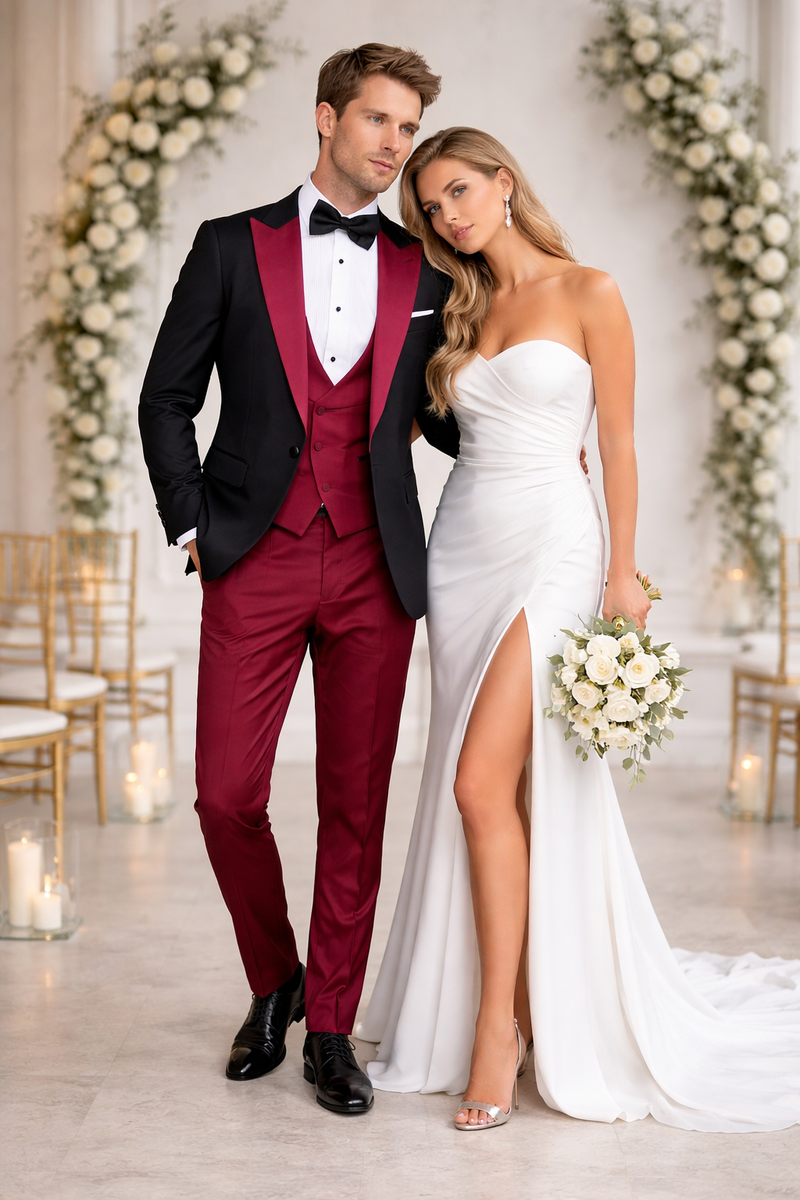 Statement Fashion Tuxedo Suit Mens Burgundy Black Trendy Tux