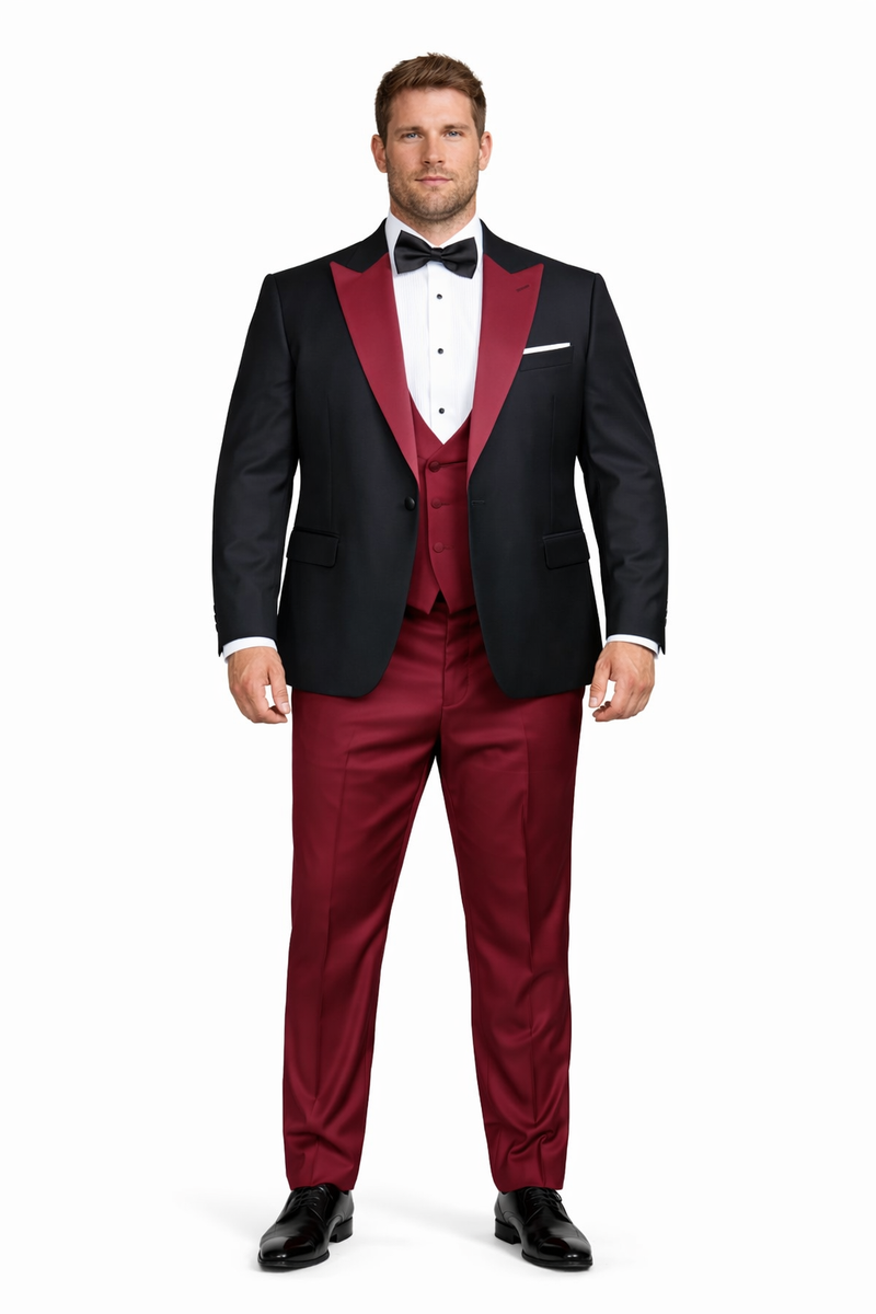 Statement Fashion Tuxedo Suit Mens Burgundy Black Trendy Tux