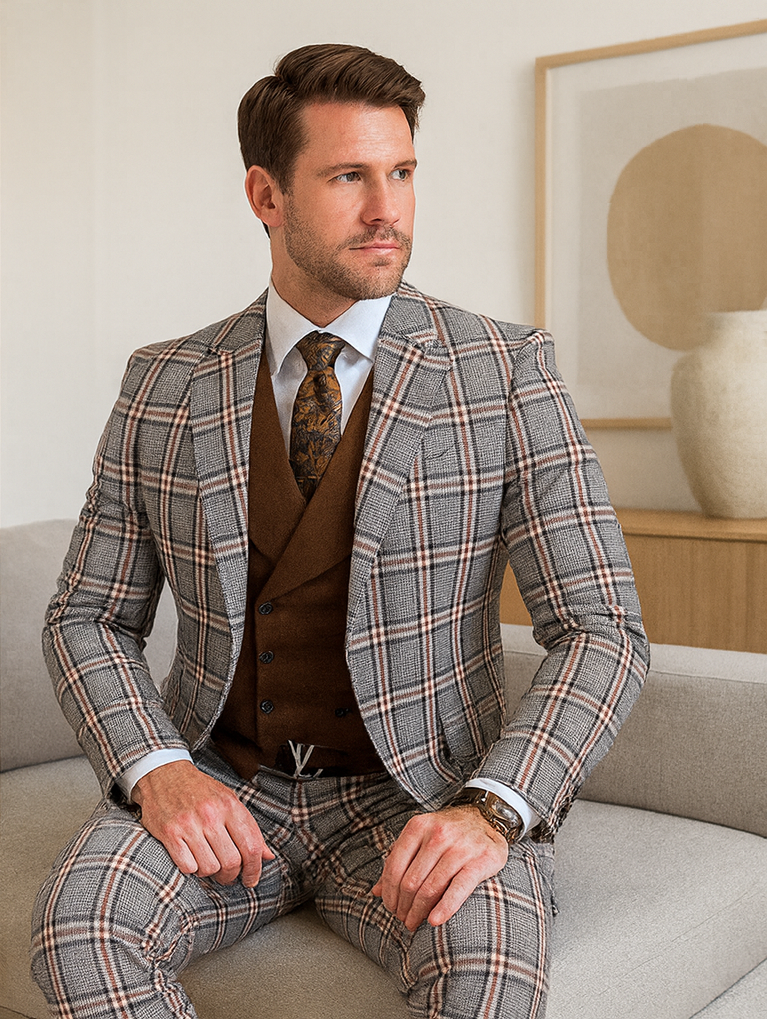 Statement ITALY Suit - Super 150's Wool Suit Statement Men's 3 Piece Modern Fit 100% Wool Suit - Sharp Plaid