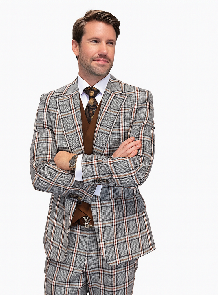 Statement ITALY Suit - Super 150's Wool Suit Statement Men's 3 Piece Modern Fit 100% Wool Suit - Sharp Plaid