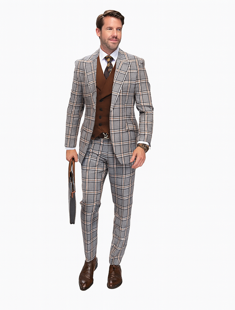 Statement ITALY Suit - Super 150's Wool Suit Statement Men's 3 Piece Modern Fit 100% Wool Suit - Sharp Plaid
