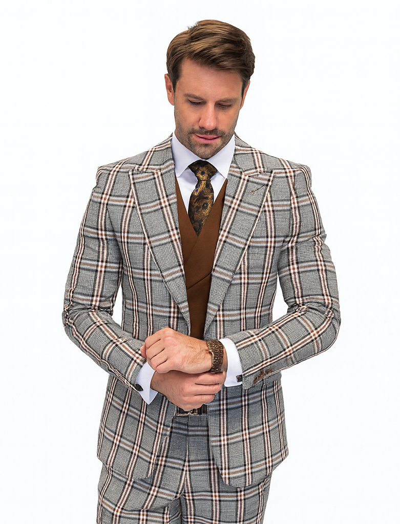 Statement ITALY Suit - Super 150's Wool Suit Statement Men's 3 Piece Modern Fit 100% Wool Suit - Sharp Plaid