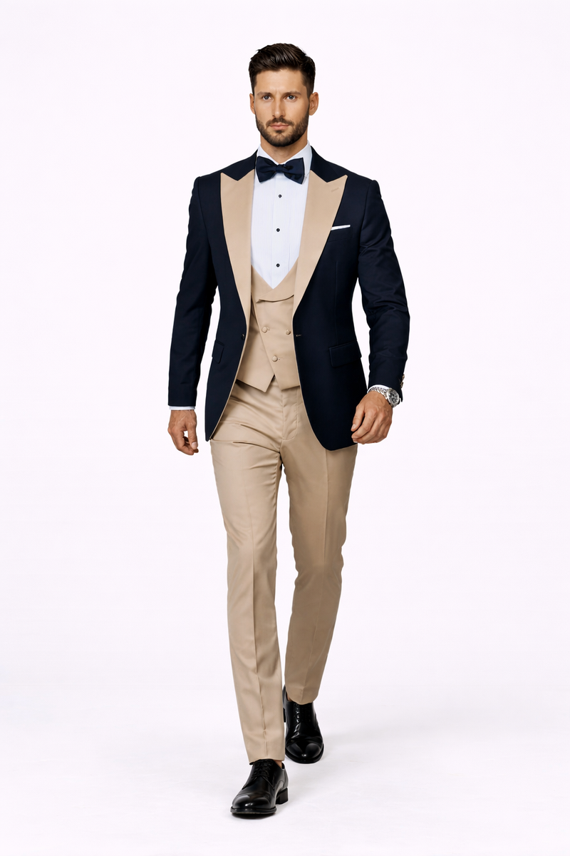 Statement Men's Black Vested with Champagne Peak Lapel 100% Wool Tuxedos