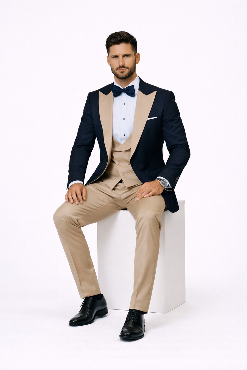 Statement Men's Black Vested with Champagne Peak Lapel 100% Wool Tuxedos