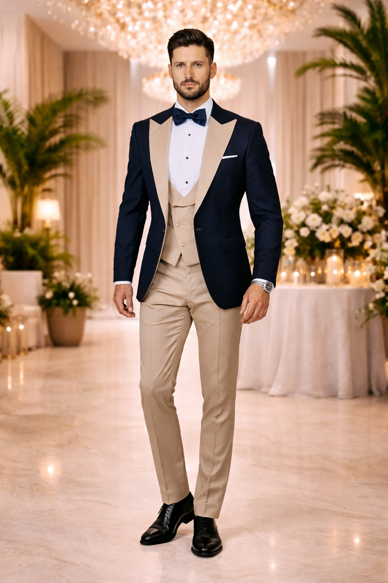 Statement Men's Black Vested with Champagne Peak Lapel 100% Wool Tuxedos