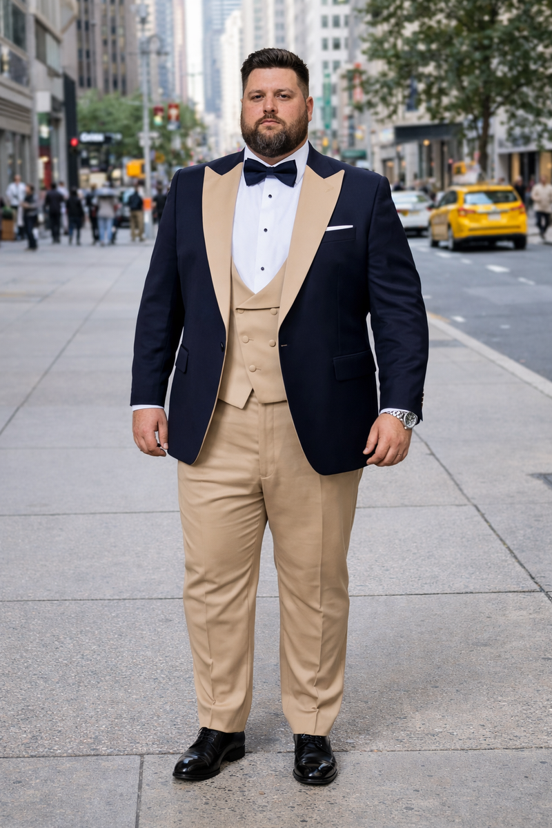 Statement Men's Black Vested with Champagne Peak Lapel 100% Wool Tuxedos