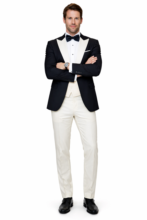 Statement Mens Fashion Tuxedo Ivory 3 Piece Fitted Designer Tuxedo