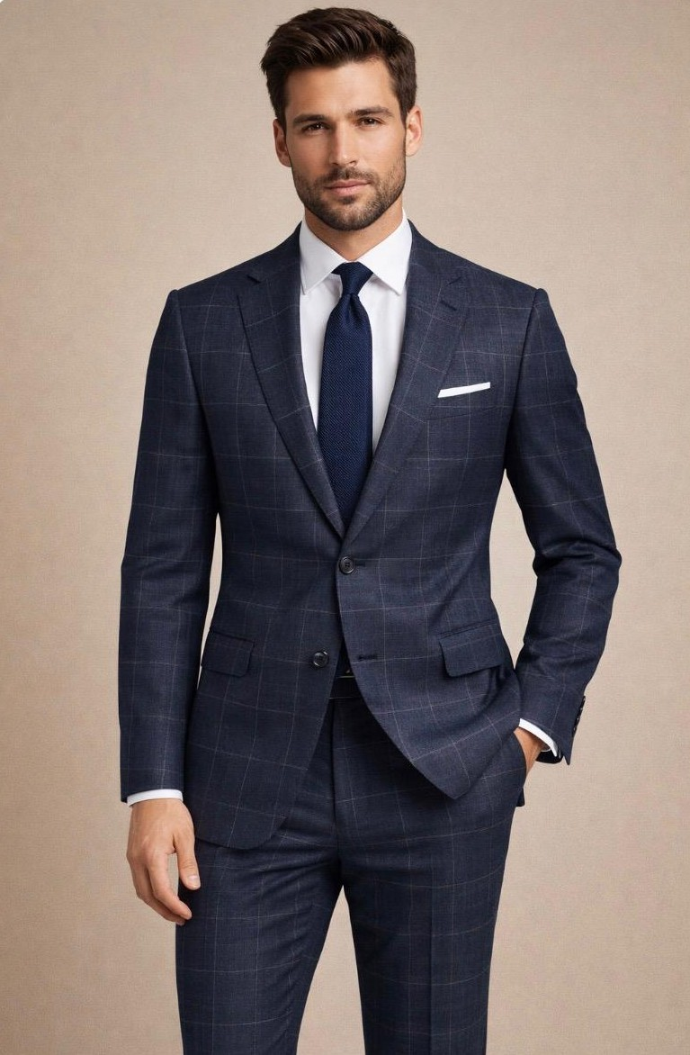 Statement Mens Modern Fit 2 Piece 100% Super 200s Wool Fine Windowpane Suit – Single Breasted Notch Lapel Jacket