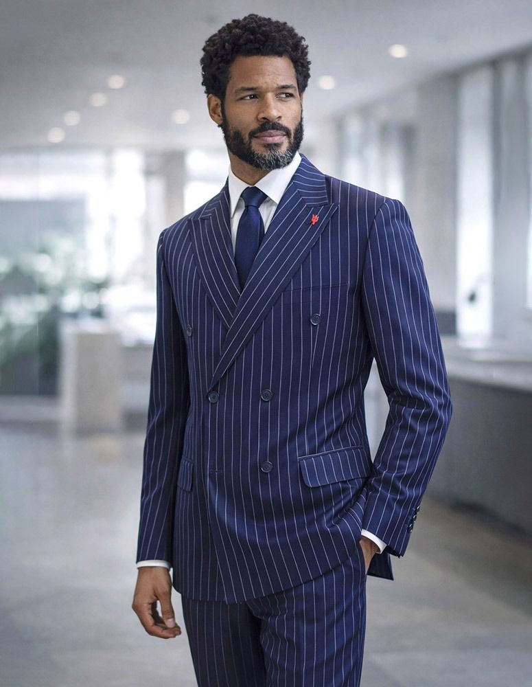 Statement Mens Modern Fit 2 Piece 100% Super 200s Wool Pinstripe Suit – Double Breasted Peak Lapel