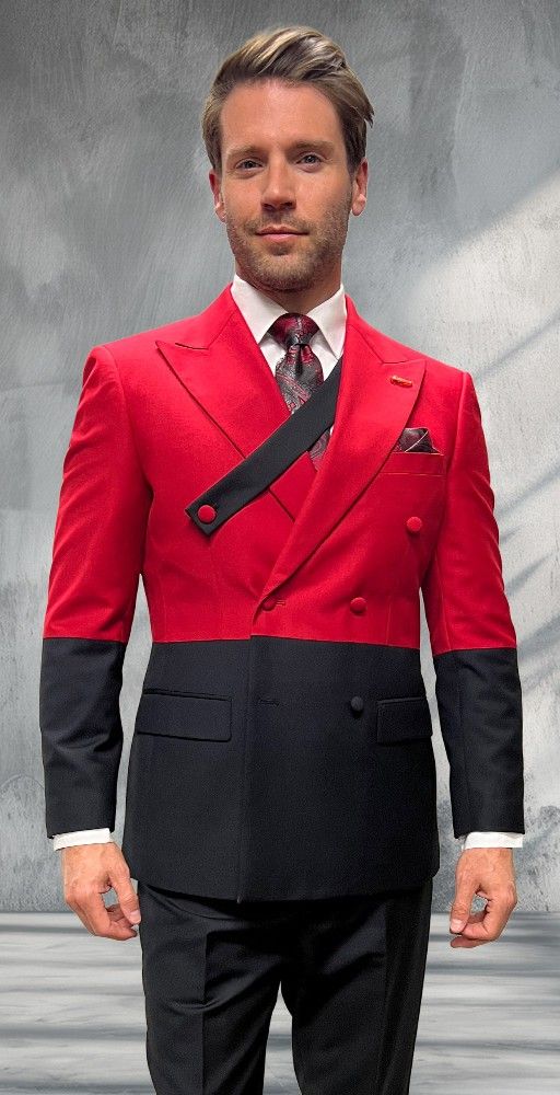 Statement Mens Modern Fit 2 Piece 100% Super 200s Wool Two Tone Suit – Double Breasted Peak Lapel Jacket with Chest Strap