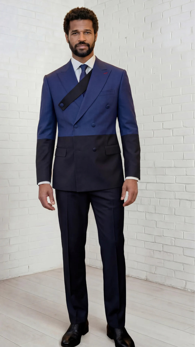 Statement Mens Modern Fit 2 Piece 100% Super 200s Wool Two Tone Suit – Double Breasted Peak Lapel Jacket with Chest Strap
