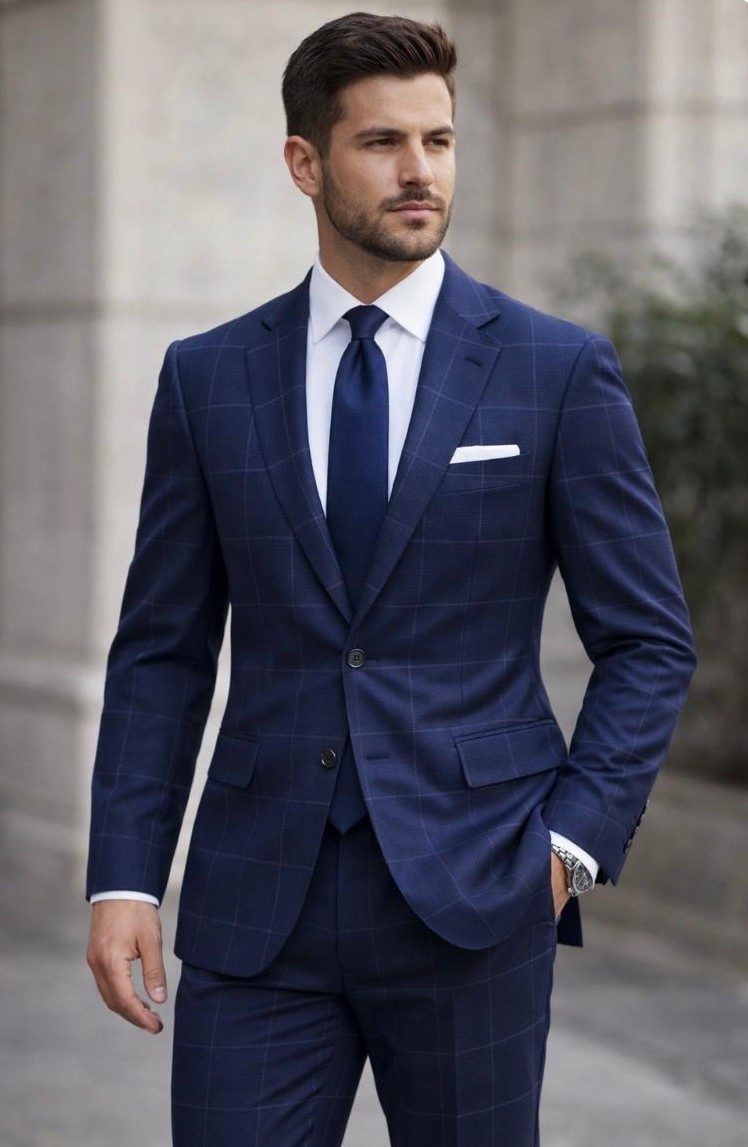 Statement Mens Modern Fit 2 Piece 100% Wool Sharp Windowpane Suit – Single Breasted Notch Lapel Jacket