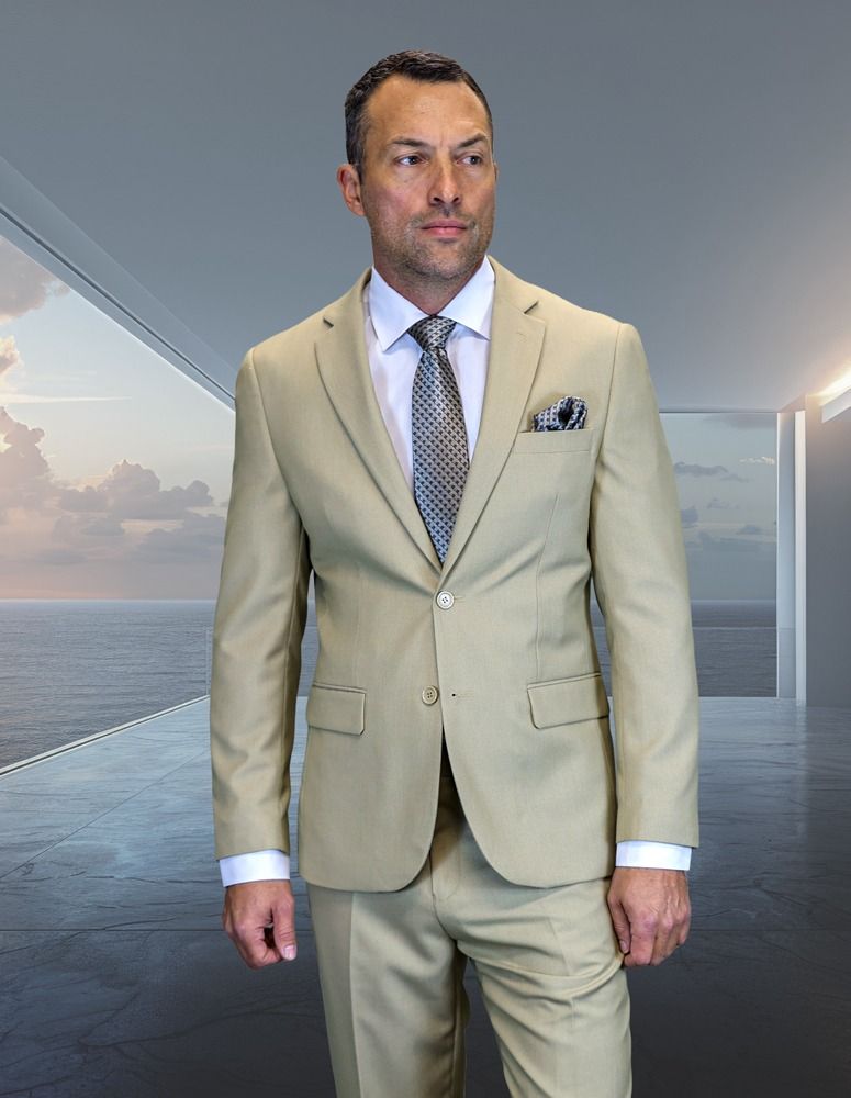 Statement Mens Modern Fit 2 Piece 100% Wool Suit – Notch Lapel Single Breasted Jacket