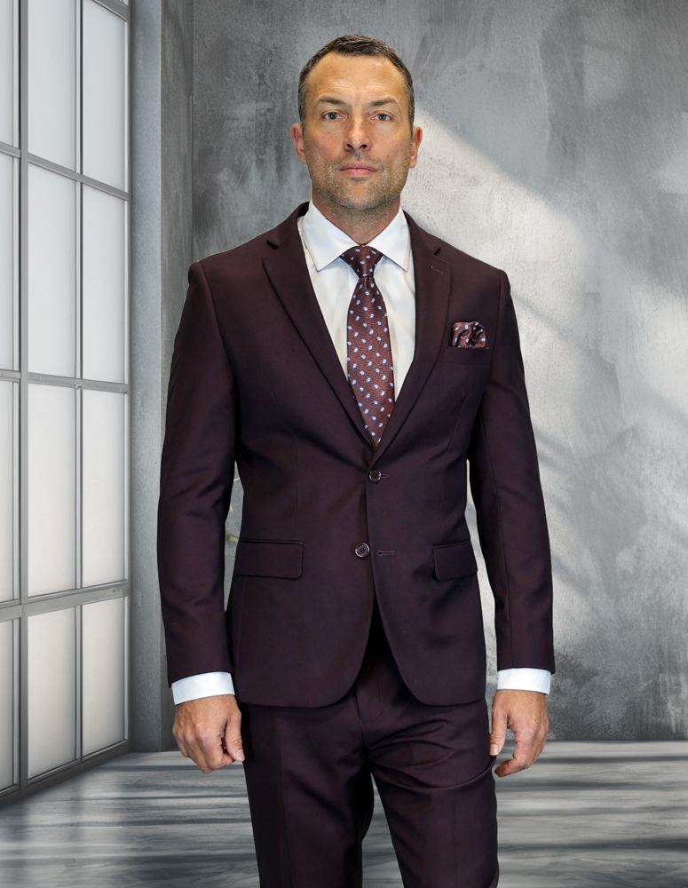 Statement Mens Modern Fit 2 Piece 100% Wool Suit – Notch Lapel Single Breasted Jacket