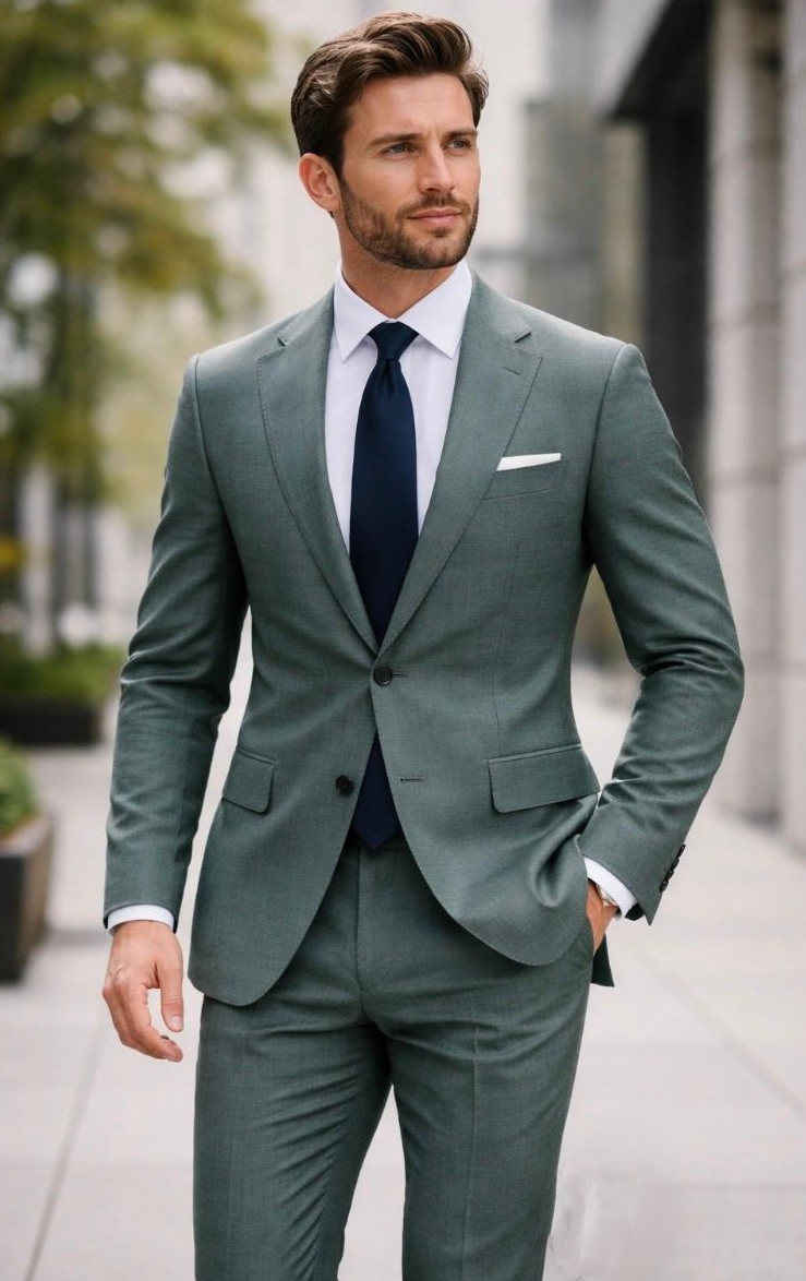 Statement Mens Modern Fit 2 Piece 100% Wool Textured Solid Suit – Single Breasted Notch Lapel Jacket