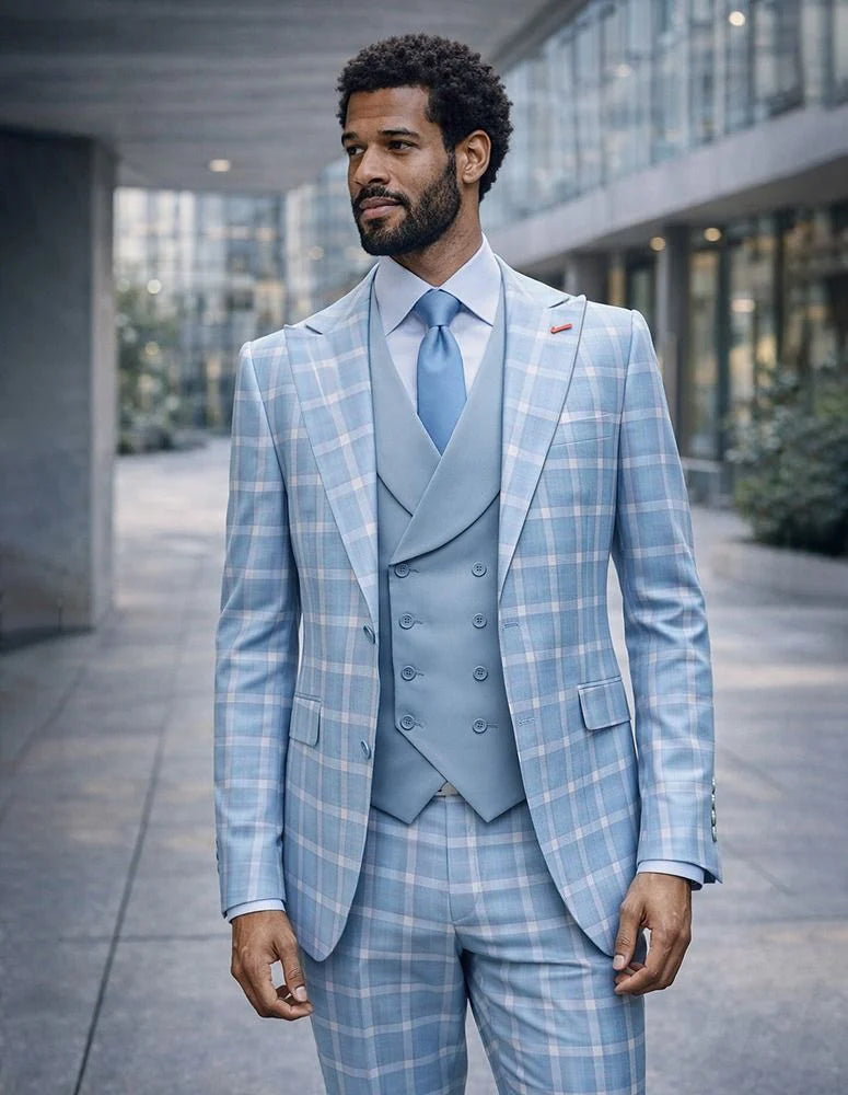 Statement Mens Modern Fit 3 Piece 100% Super 200s Wool Classic Windowpane Suit – Double Breasted Vest