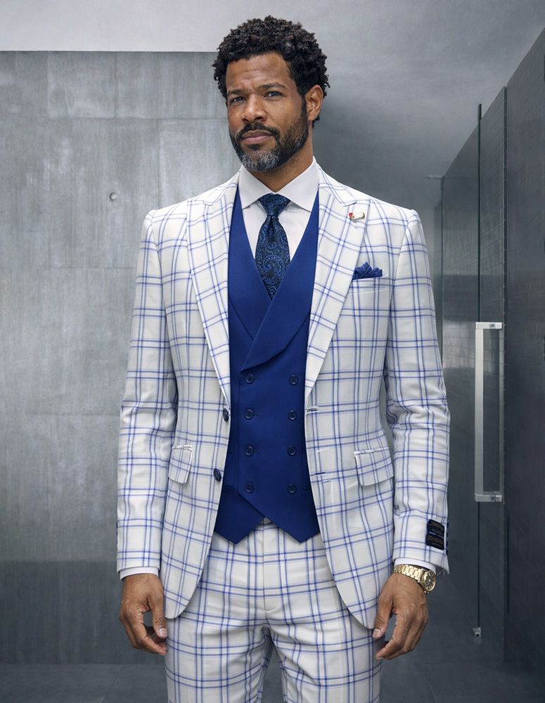 Statement Mens Modern Fit 3 Piece 100% Super Wool Windowpane Suit – Double Breasted Vest, Peak Lapel