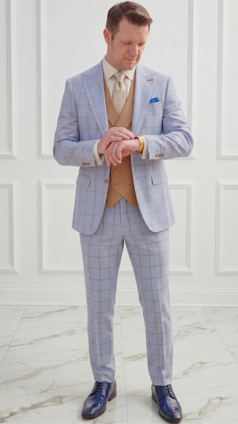 Statement Mens Modern Fit 3 Piece 100% Wool Sharp Windowpane Suit – Double Breasted Vest