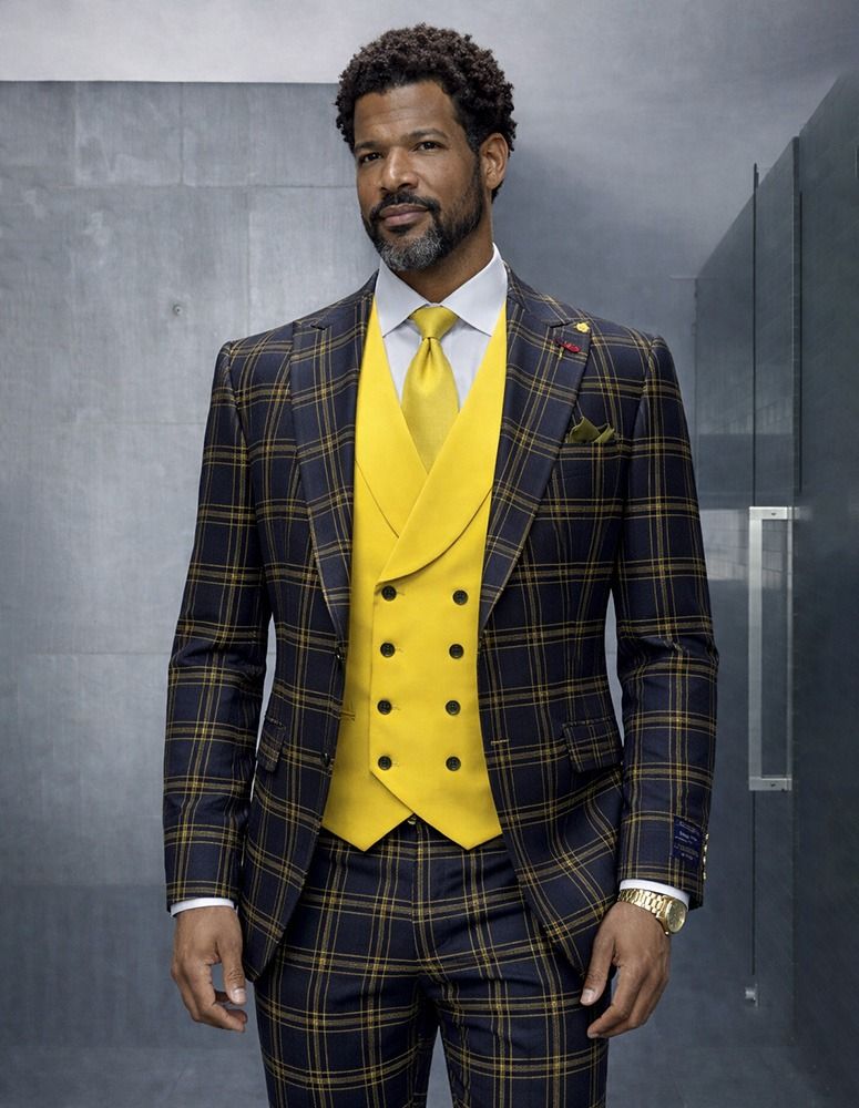 Statement Mens Modern Fit 3 Piece 100% Wool Windowpane Plaid Suit – Solid Color Double Breasted Vest